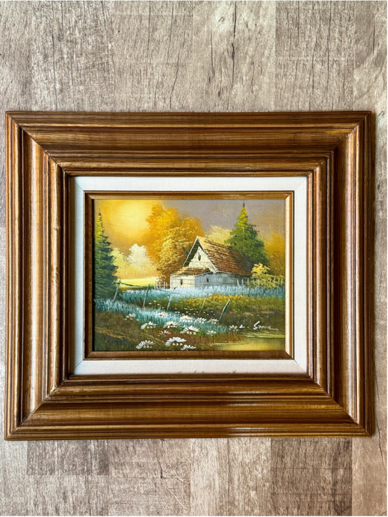 Unbranded Other - Vintage Framed Landscape Oil Painting Country Cabin Daisy Field Signed